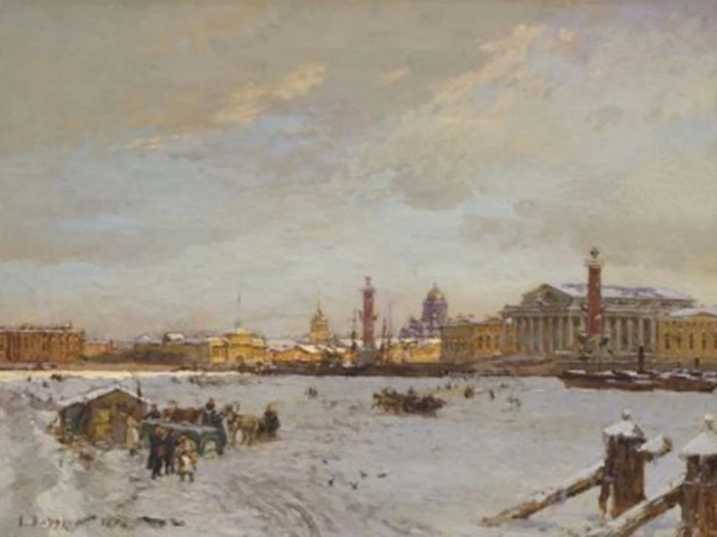 1862-Olga Fedorovna Beggrow-Hartmann - Vista sulla Neva ghiacciata, le colonne rostrali, la Cattedrale di Sant'Isacco e l'Ammiragliato, San Pietroburgo